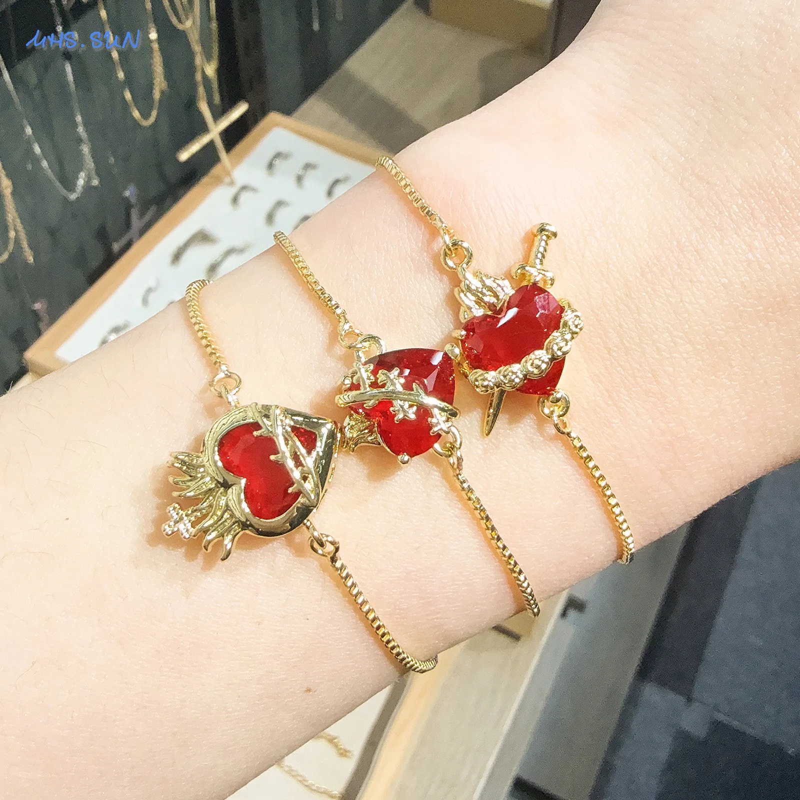 MHS.SUN Cubic Zircon Red Sacred Heart Bracelets Gold Plated Adjustable Chain Bracelet For Women Men Party Jewelry New Design