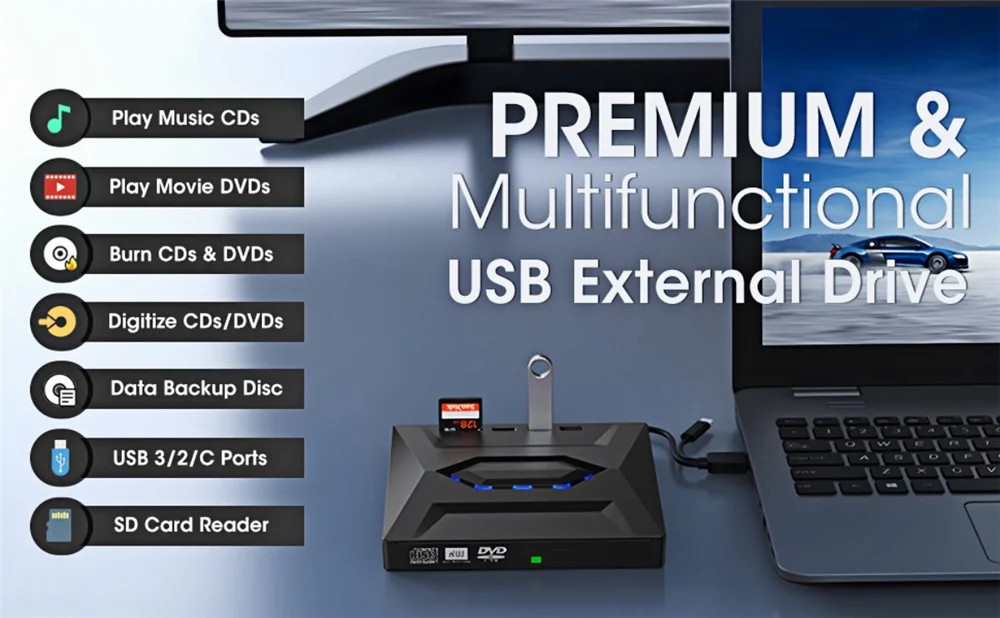 USB 3.0 Typ C Externes CD-DVD-Laufwerk mit USB HUB Typ-C SD-Kartenleser, CD DVD RW ROM Disk Player Brenner Leser Writer Adapter – Detail 6