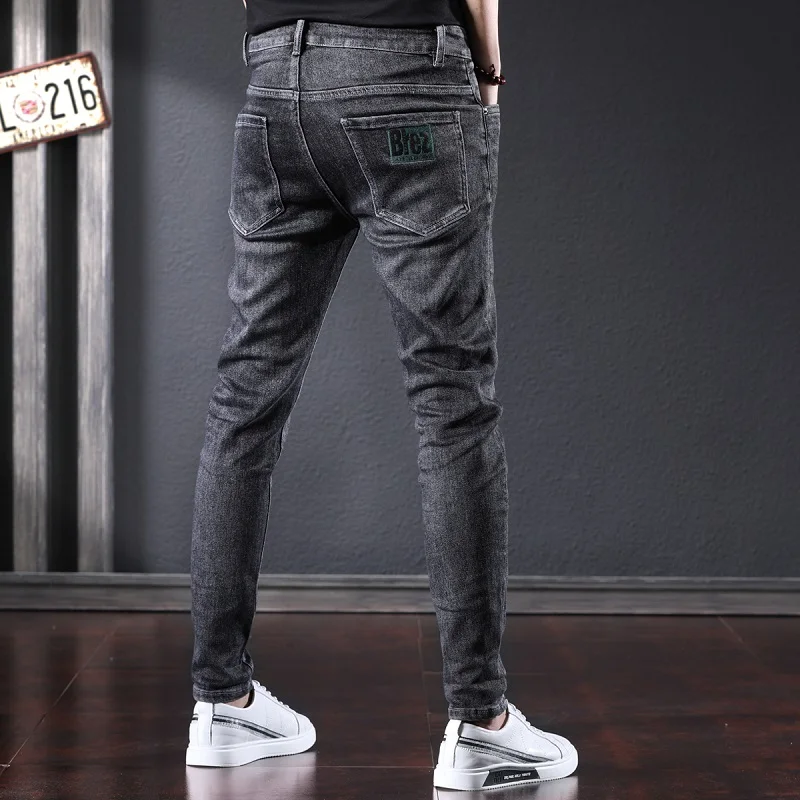Autumn Casual Black Gray Jeans Men Slim Fit Pencil Pants Fashion Letter Printed Denim Trousers