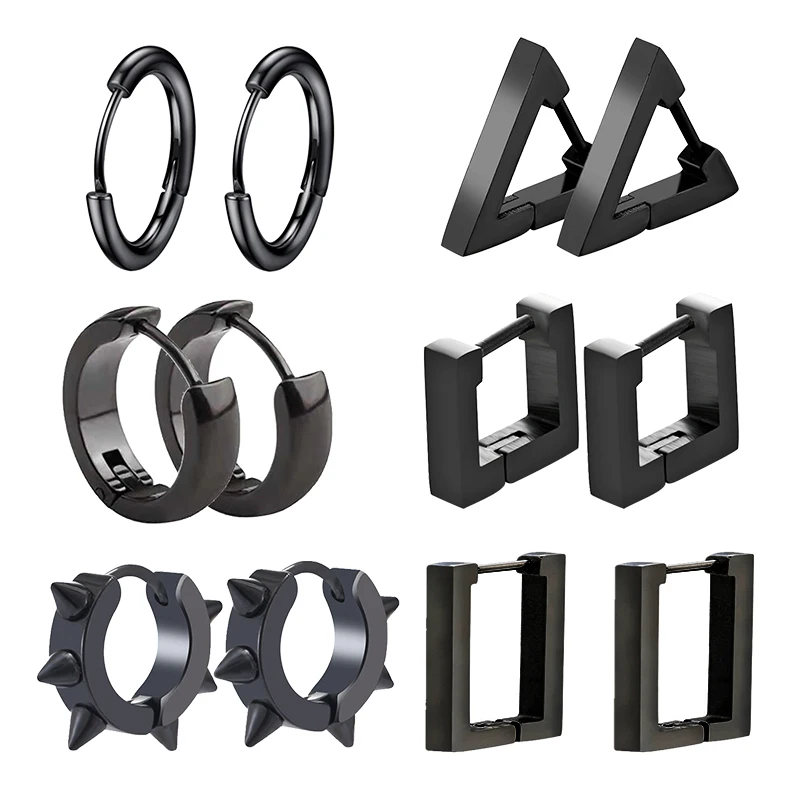 1/6 paires de boucles d'oreilles en acier inoxydable ensemble unisexe noir Piercing boucle d'oreille pour femmes hommes Hip Hop rond Punk gothique boucles d'oreilles bijoux