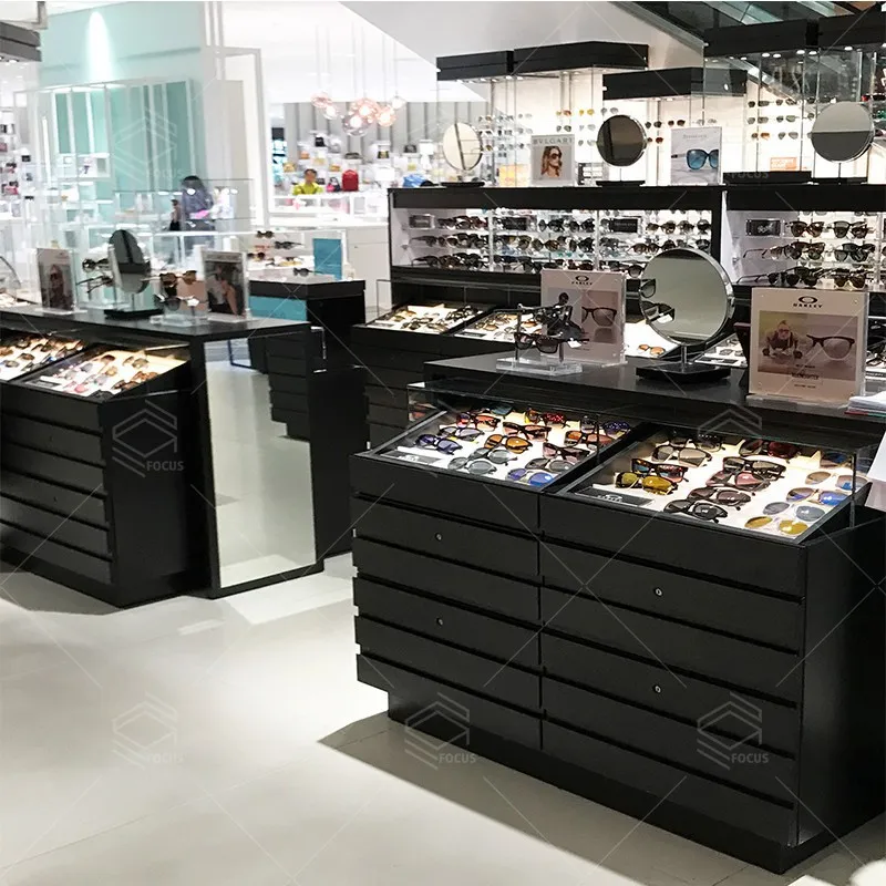 

Wooden paint glasses display cabinet shelves, multi-layer glasses counter Nakajima exhibition stand, sunglasses display stand