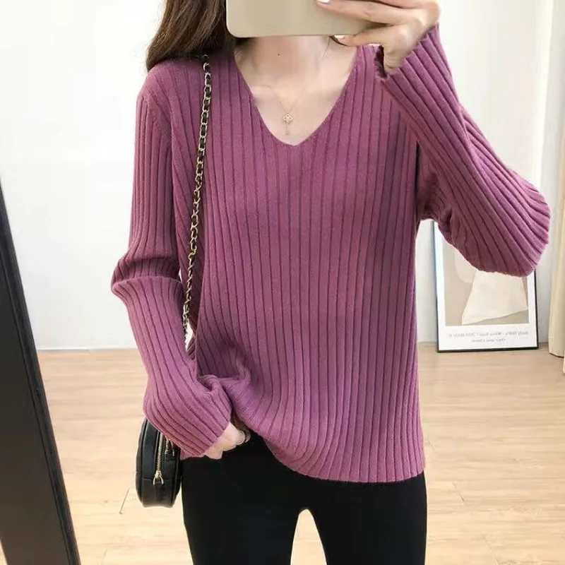 

Women Knitted Ribbed Sweater Casual Long Sleeve V Neck Korean Office Bottoming Warm Pullover Loose Simple Femme Sweater Clothes