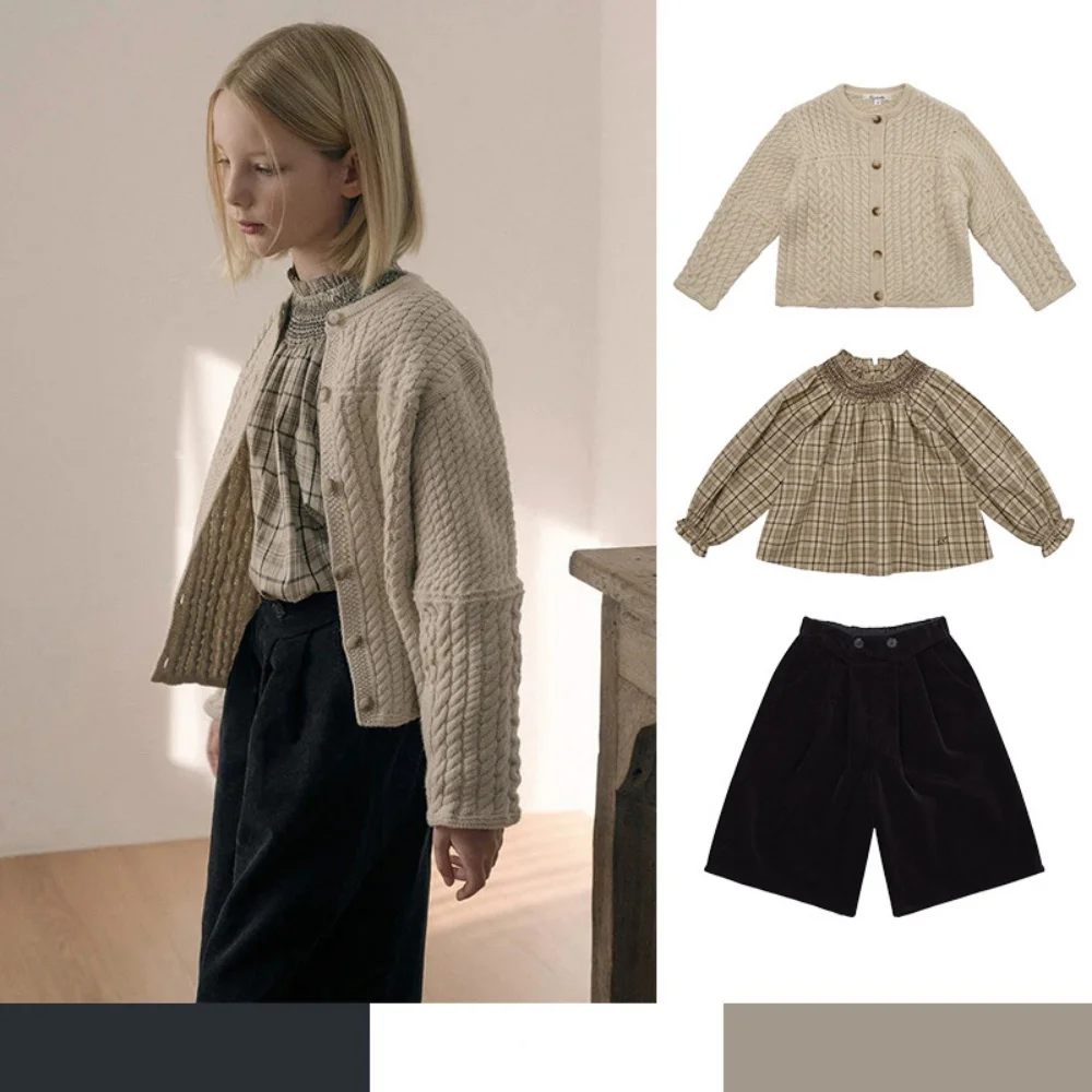 Autumn Winter Plaid Cotton Long Sleeves Shirt+Wide Leg Pants Set for Girls Children's Clothing Sweater in Stock New 2025 Fashion