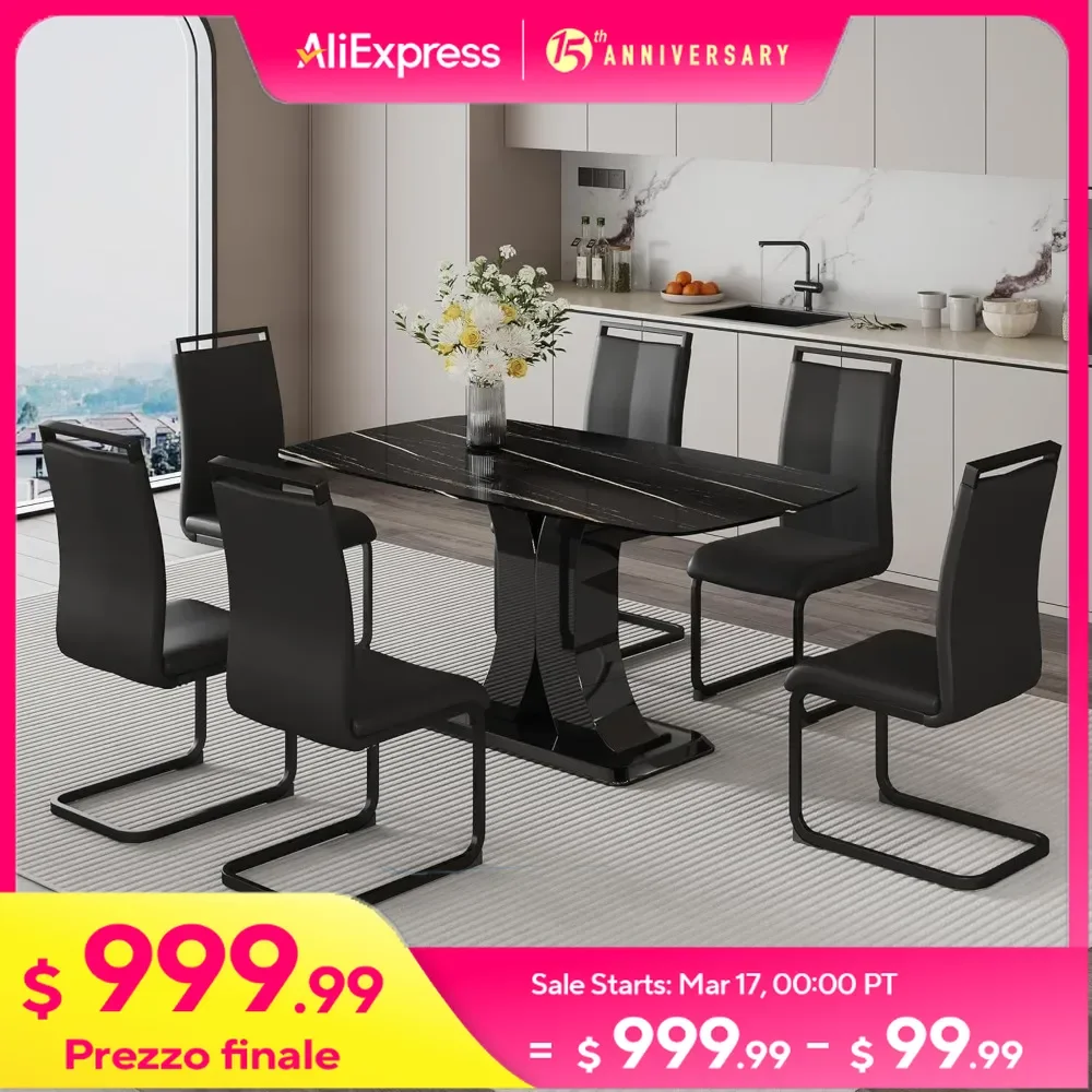 

7-Piece Dining Table, Marble Table Chair Set for 6,with 6 Pu Leather Upholstered Chair for Dining Room,Table & Chairs Set