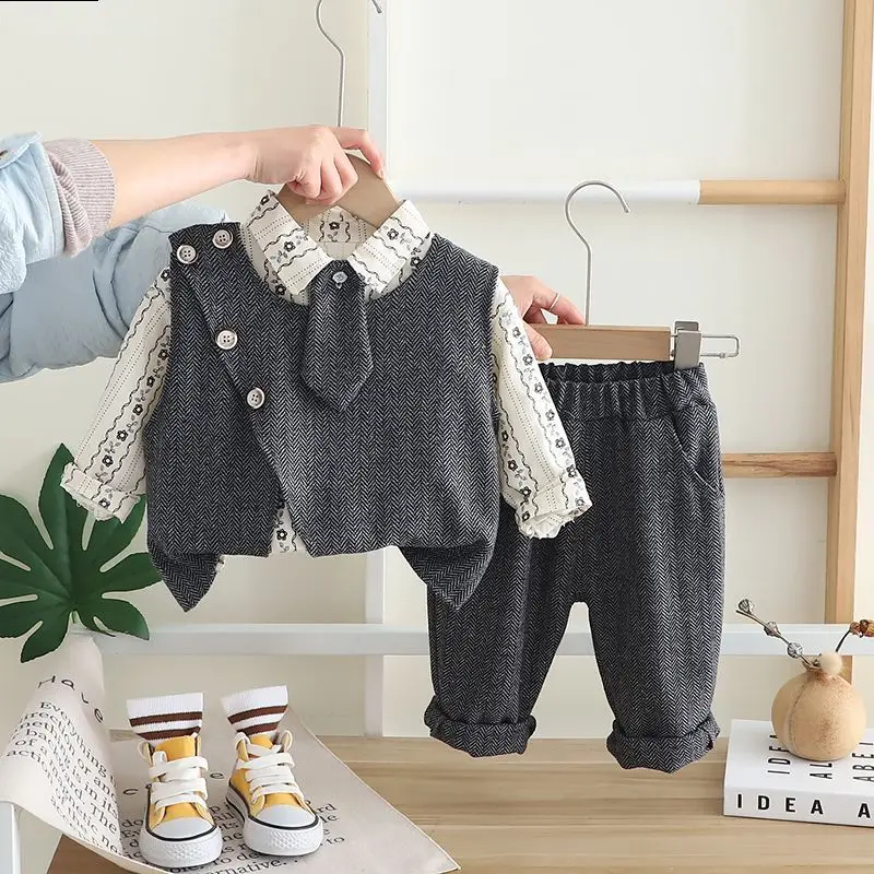 

Children's Set Spring and Autumn New Style Boys and Girls' Tie Vest+Shirt Pants 3-Piece Set 80-120cm