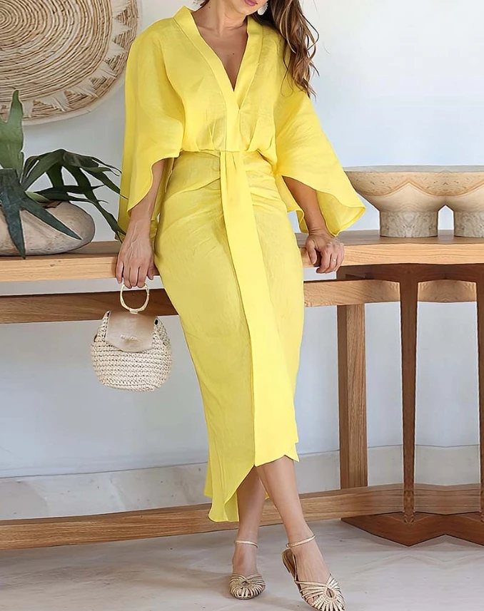 

Summer Women's Dress Fashion Plunger Bat Sleeves Casual Long Sleeves Hanging Asymmetric Vacation Casual Midi Dress