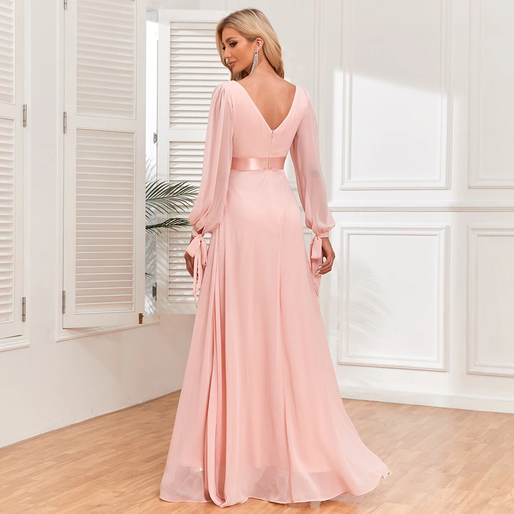 Robe de soirée en mousseline de soie rose à manches longues pour femmes, ligne A, col en V, longueur au sol, fête, tout ce qui est 2023, vente en gros, robe de soirée, 123