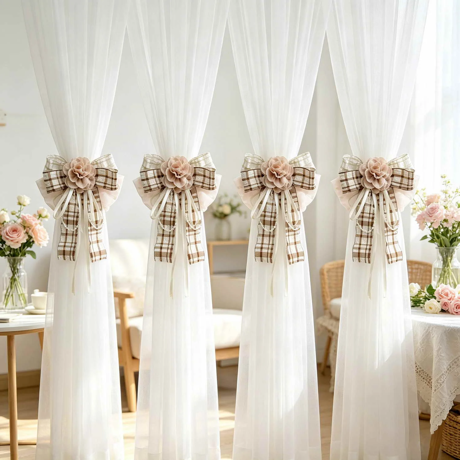 

One Pair Korean Coffe Lattice Bows Floral Bandages for Living Room Curtain, Tiebacks for Window Drape Cafe, Curtain Accessories