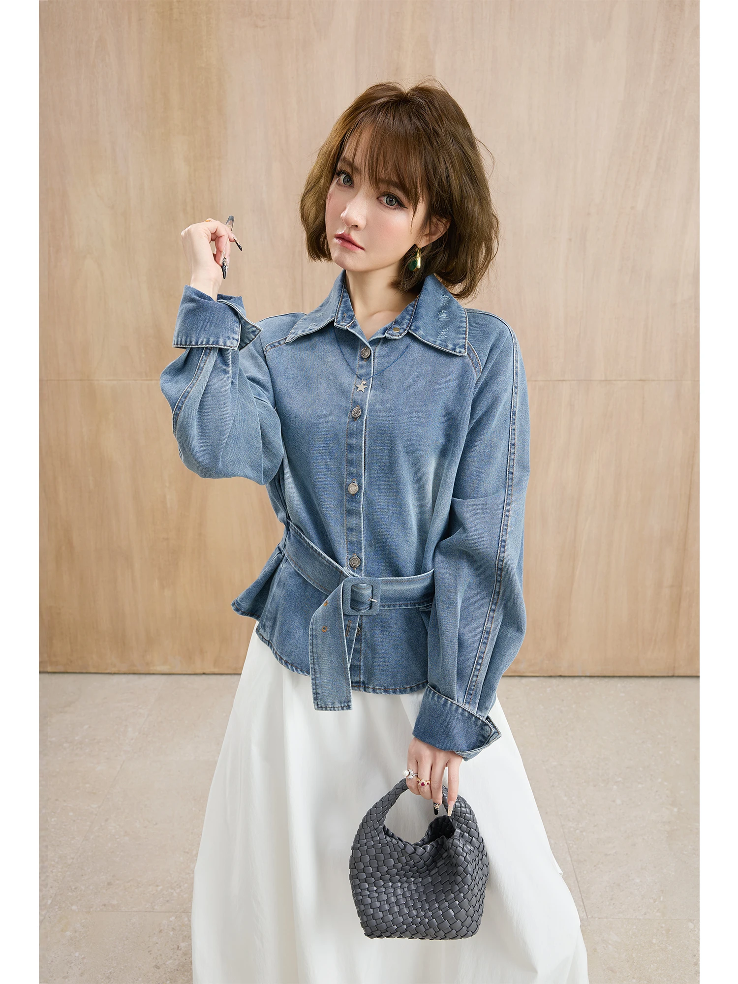 

New 2026 Women's Casual Sle Bell Sve Waist Cinched Vintage Denim irt Coat Water Waed Blue High Waist Stand Length