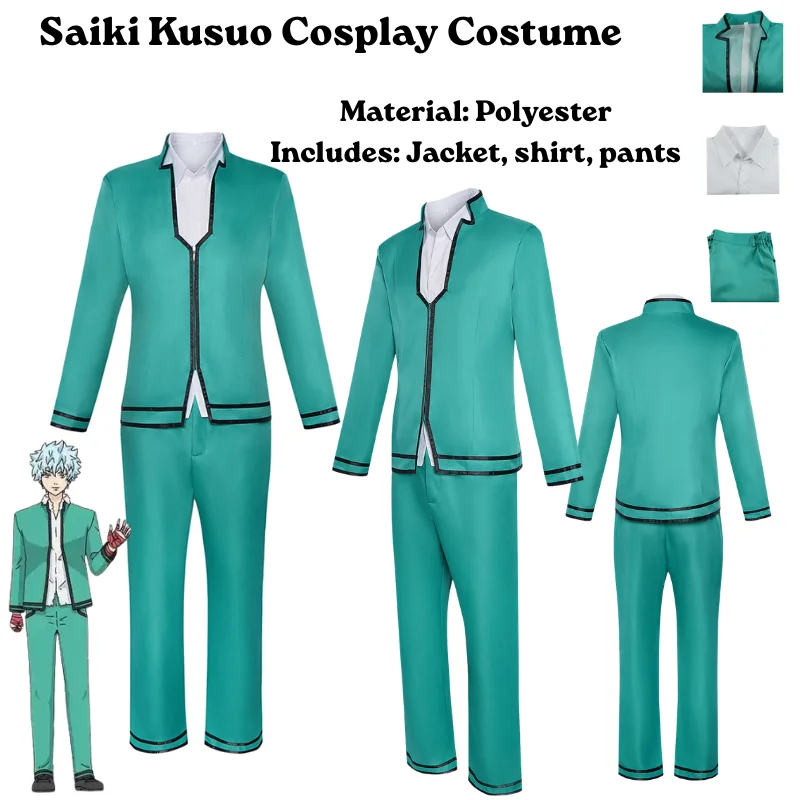 

Disguise Saiki Male Kusuo Cosplay Costume Halloween Carnival party Green Coat Pants Shirt fullset