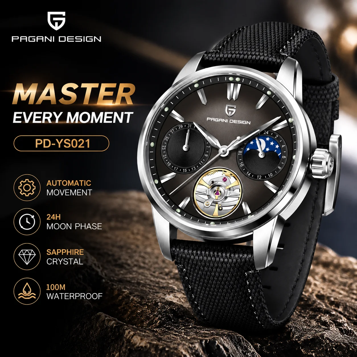 PAGANI DESIGN Men's Automatic Mechanical Watch PD-YS021 Classic Hollow Shape Fine Steel Case Synthetic Sapphire Glass