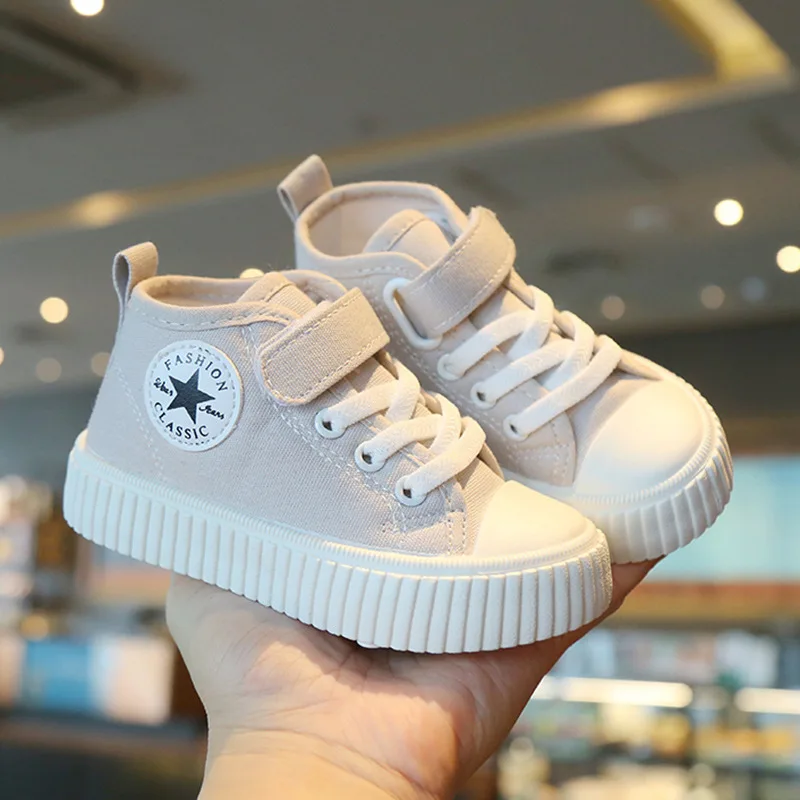 

Children Spring Autumn Canvas Shoes Children Soft-soled Shoes High Top Velcro Casual Shoes Kids Neutral Solid Color Thick Soles