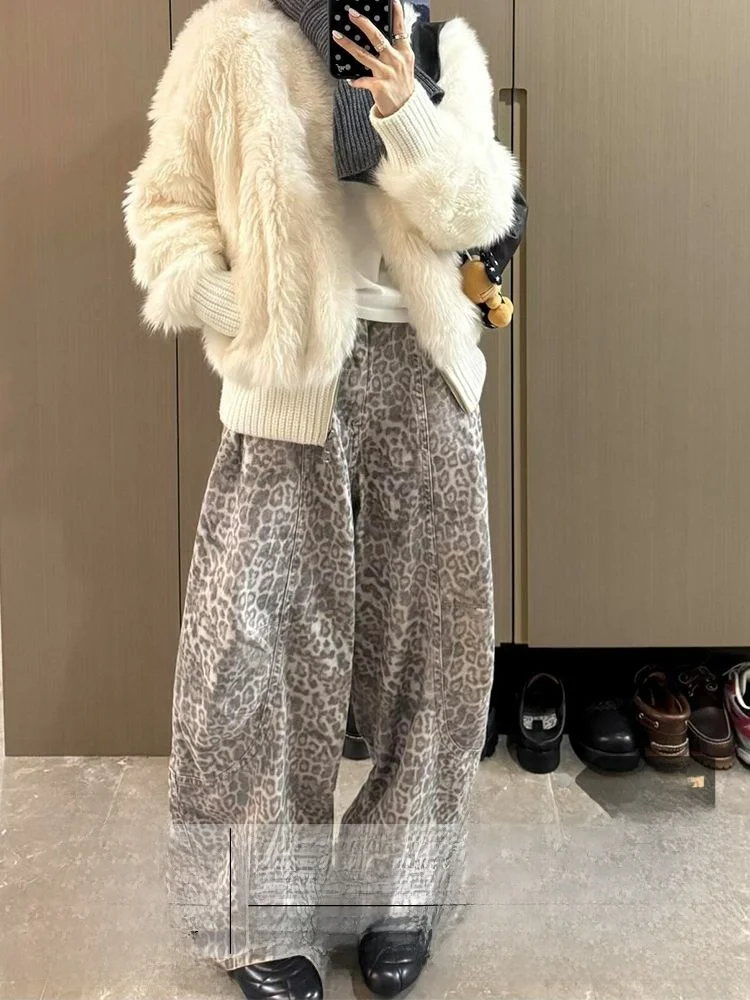 

Широкие джинсы с высокой талией в стиле ретро, женские облегающие джинсы с леопардовым принтом, свободный крой, осень-зима, новые повседневные джинсы с высокой талией