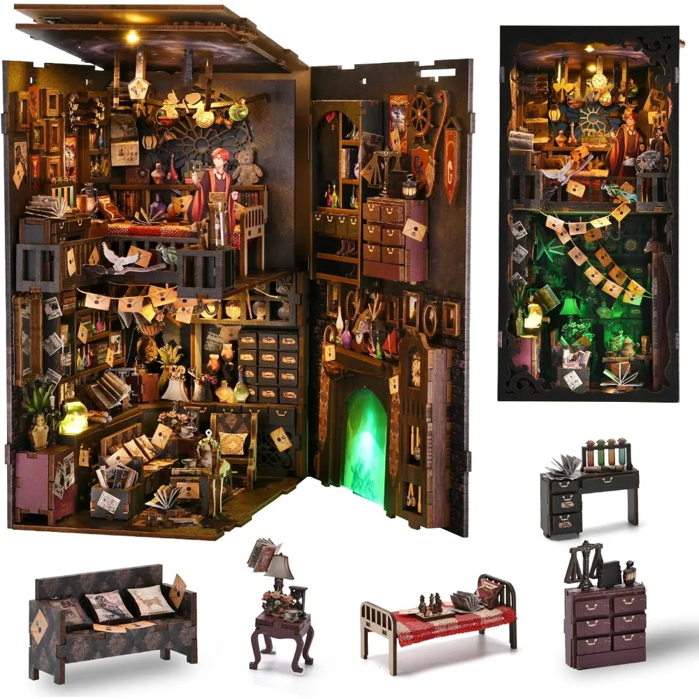 

Adult DIY 3D Wooden Puzzle Miniature Dollhouse Book Nook Kit with LED Light