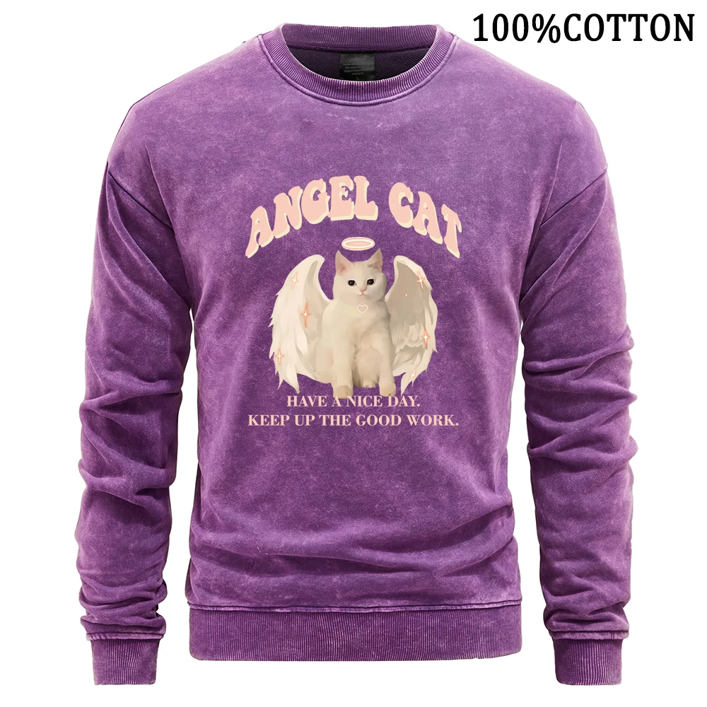 Angel Cat Have Nice Day Man Sweatshirt Vintage Washed Hoodie Autumn Oversize Cotton Hoodies Simple Loose Sweatshirts Clothing