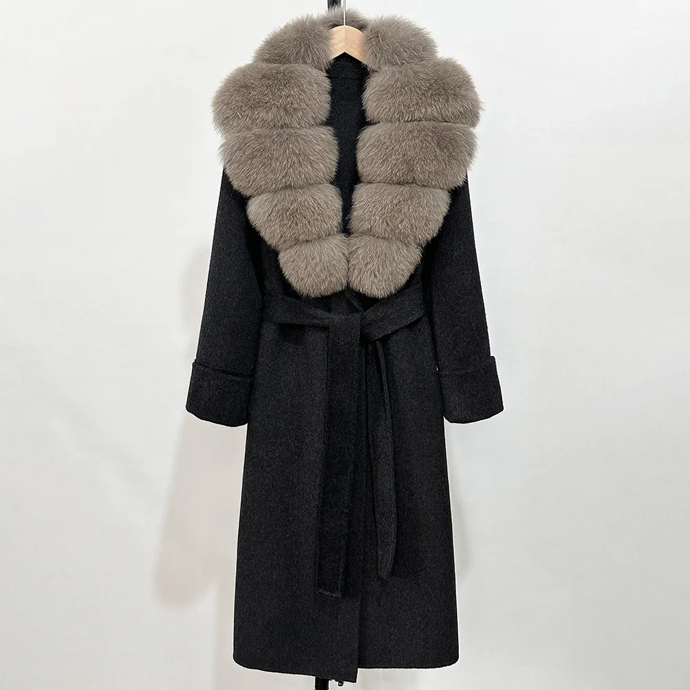 

Воротник из натурального лисьего меха, новинка 2025 года, кашемировая шерстяная куртка, женское теплое новое осеннее шерстяное пальто, женское зимнее двустороннее шерстяное пальто