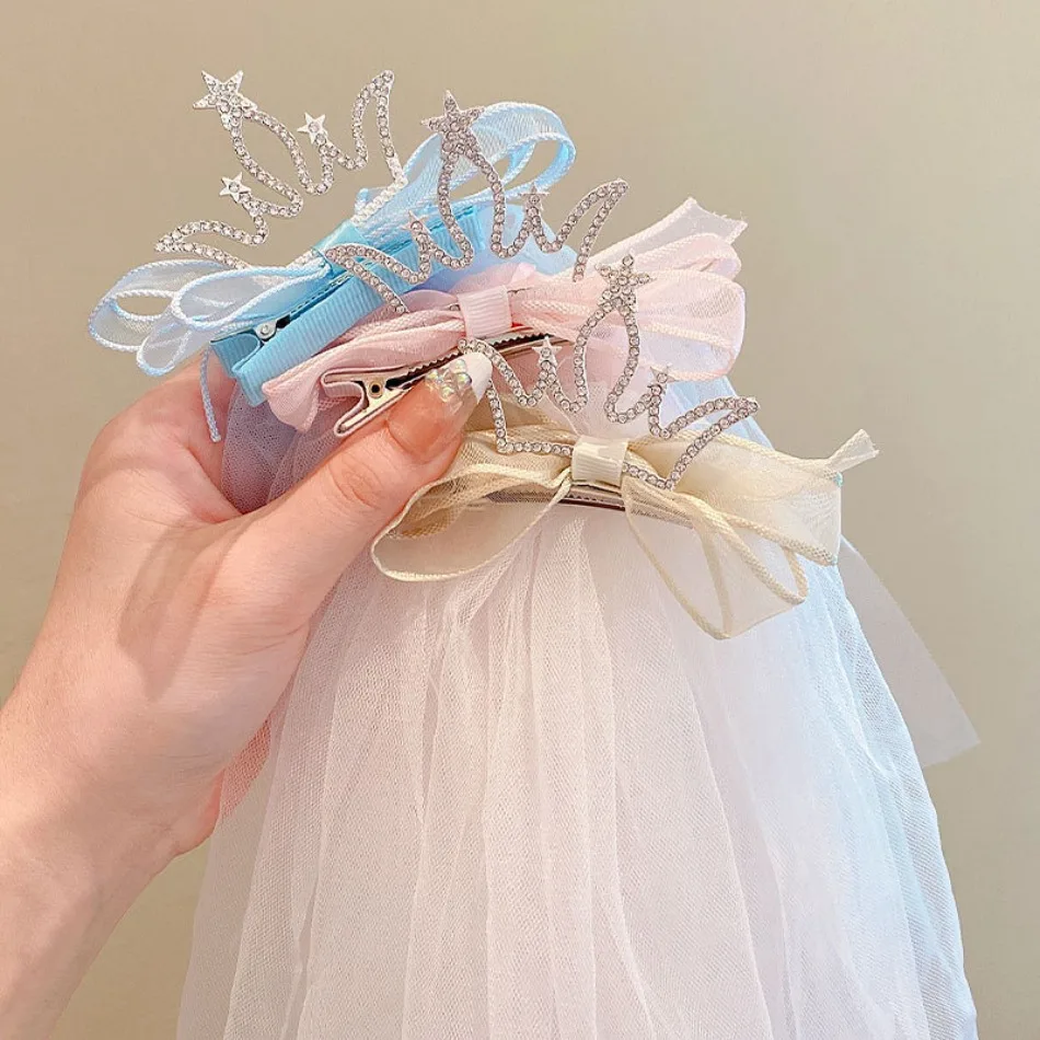 Cute Girls Pearl Crown Hairpin Veil Hair Clip Fashion Rhinestones Mesh Hairband Photo Kid Headwear Children Wedding Hairpin SY08