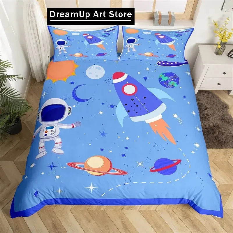 Astronaut Duvet Cover Set, Space Bedding Set for Kids Boys, Sky Galaxy Themed Comforter Cover, Queen/King/Twin Size Quilt Cover