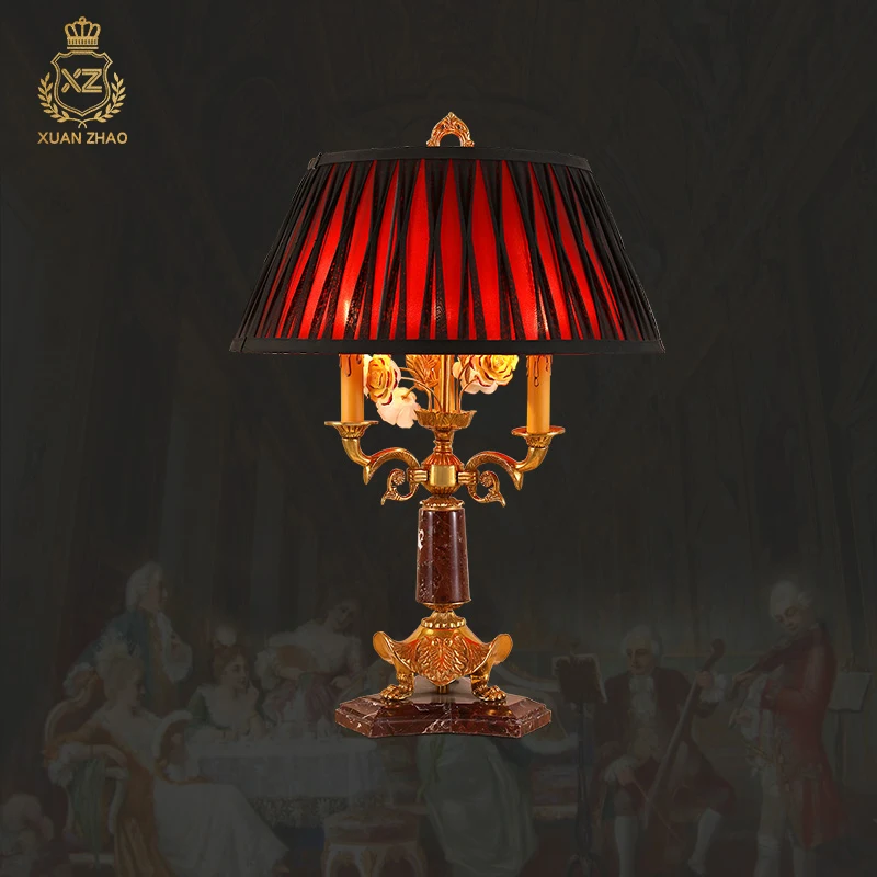 

French Classical Style Handmade Lost Wax Full Copper Marble Table Lamp Red Lampshade Living Room Bedroom Bedside Lamp