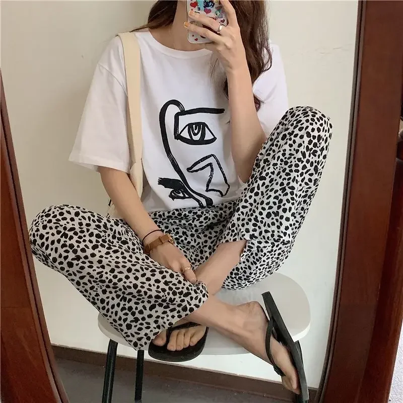 Ropa de dormir de leopardo para mujer, pantalones de pijama de estilo coreano, pantalones de dormir hasta el tobillo, pantalones de cintura elástica