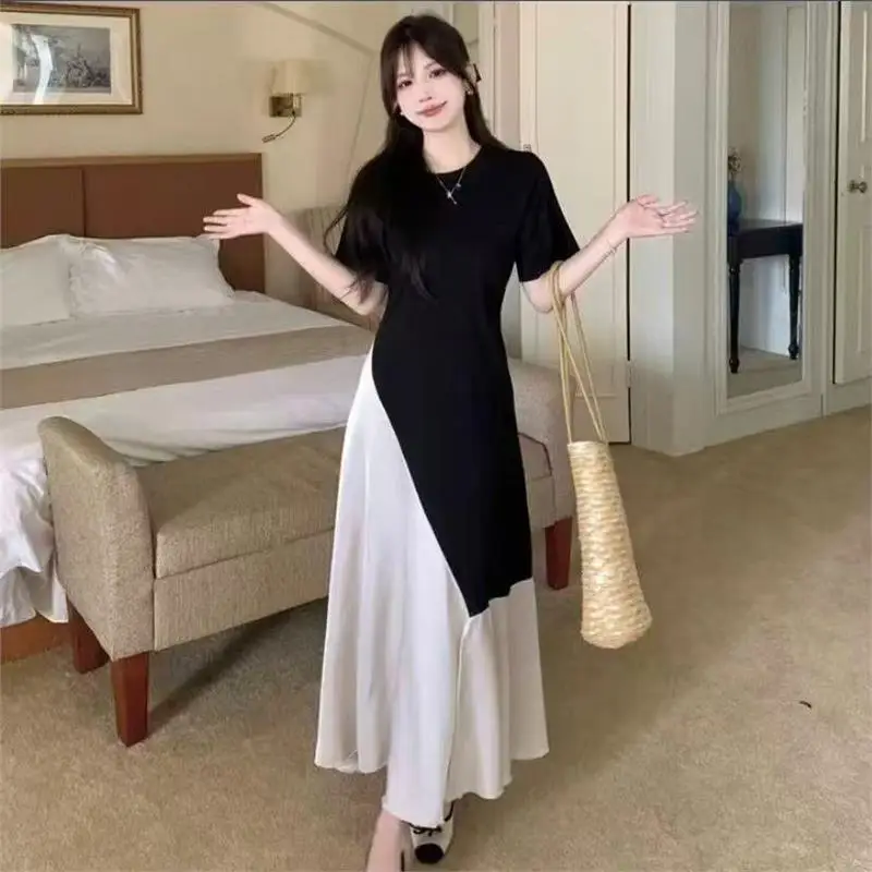 

Повседневное хлопковое платье А-силуэта для комфортных поездок, модное, с элементами комбинированного дизайна, длинное, из смешанного хлопка, бесшовное, для прогулок, класса люкс