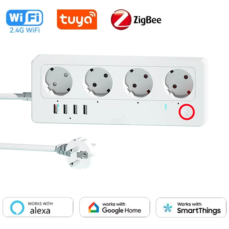 WiFi ZigBee Smart Power Strip Socket With 4 AC Power Outlets and 4 USB Ports Extension Socket Tuya App For Home Office EU US UK