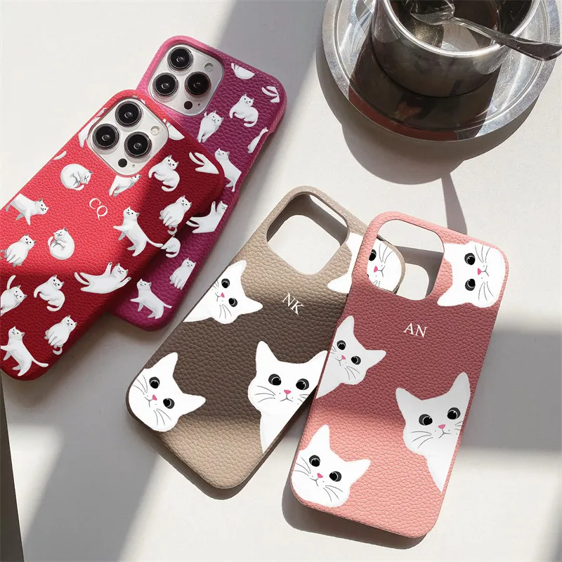 Personalised Initial letter Pebble Grain Leather cute cats Case for iphone 11 12 14 13 15 Pro Max XS XR 14Plus Luxury Hard Cover