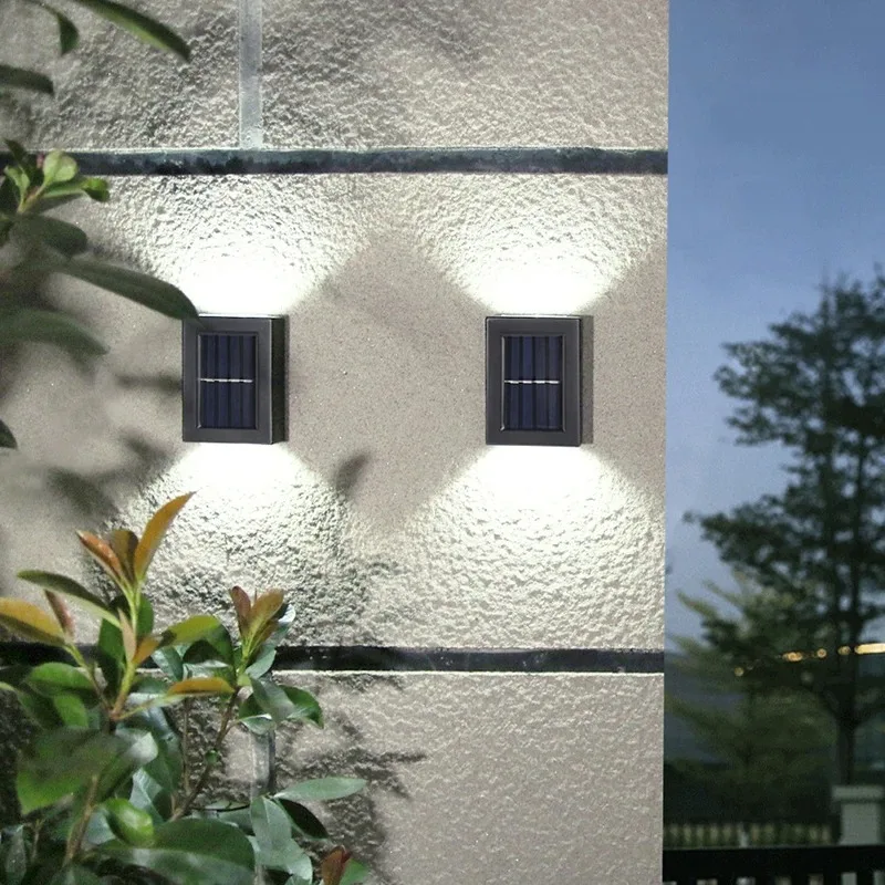 Warm Solar Wall Lights, Black Square LED Up Down Lamps for Outdoor Courtyard Garden Balcony and Fence Decor Lighting Display
