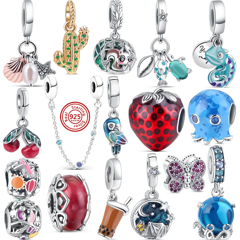 

925 Silver Murano Glass Strawberry Cherry Parrot Octopus Shell Chameleon Beads Fit Original Pandora Charm Bracelet Women Jewelry