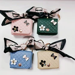 Mini Bag Pendant Keychain PU Coin Purse Earphone Storage Bag Korean Style Fashion Floral Bowkont Bag Ker Ring with Ribbon