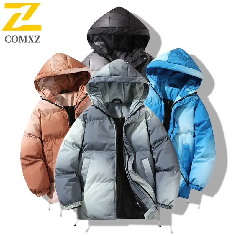 

COMXZ 2025 Winter Men's Gradient Hooded Parka Coat Loose Fit Plus Size Thickened Streetwear Trendy Unisex Top Outwear