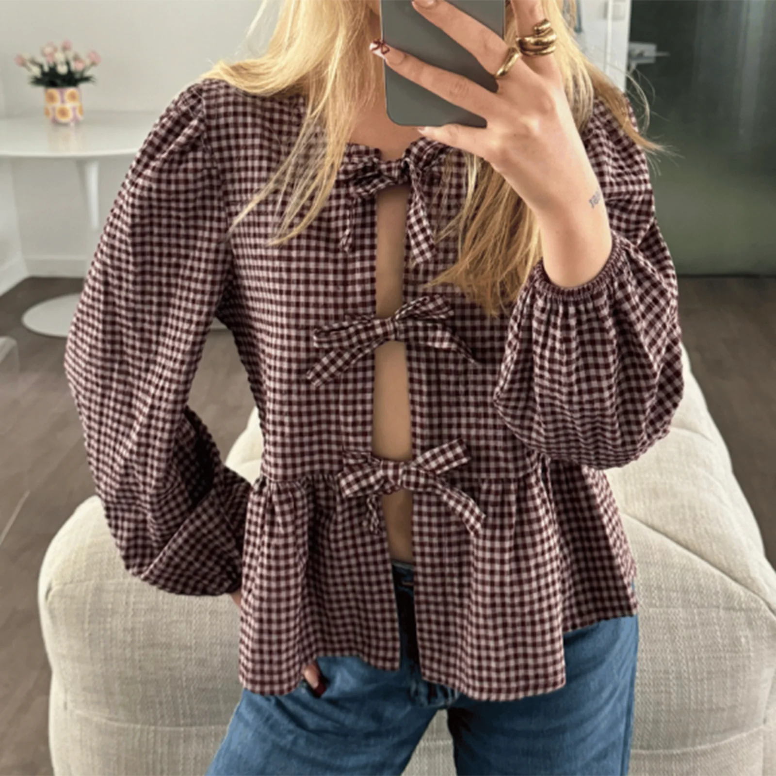 Kawaii Babydoll Crop Tops Vintage Plaid Front Tie-Up Ruffled Blouse Tees Y2K Fairycore Loose Fitting Long Sleeve T-shirt Women