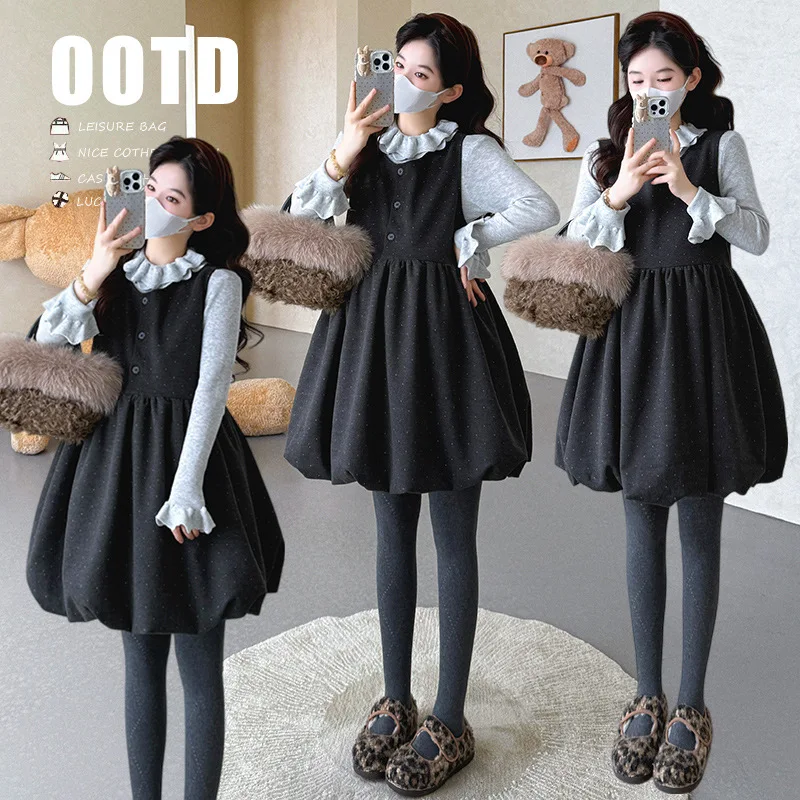 Maternity Suit Spring Autumn 2026 New Style Sweet Cute Polka Dot Bud Dress and Ruffle Sweater Two Piece Set for Pregnant Women