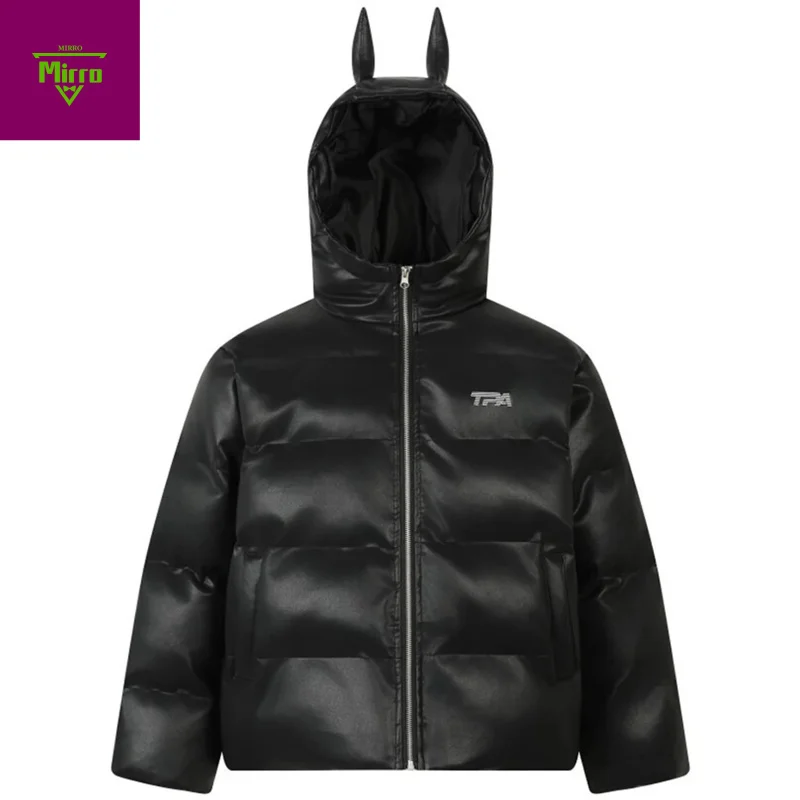 

【Mirrordust】Men Winter Jackets Black PU Leather Thicken Warm Parkas Coats Streetwear Harajuku Hip Hop Oversized Jackets Outwear