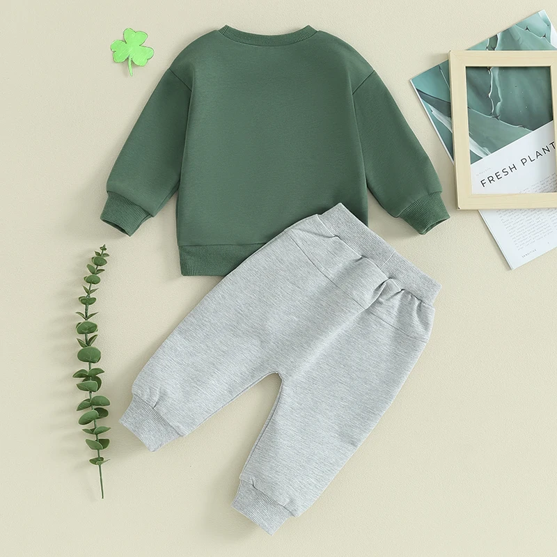 St Patrick s Day Outfit for Toddler Baby Boys Green Shamrock Letter Print Long Sleeve Sweatshirts Elastic Waist Sweatpants Set