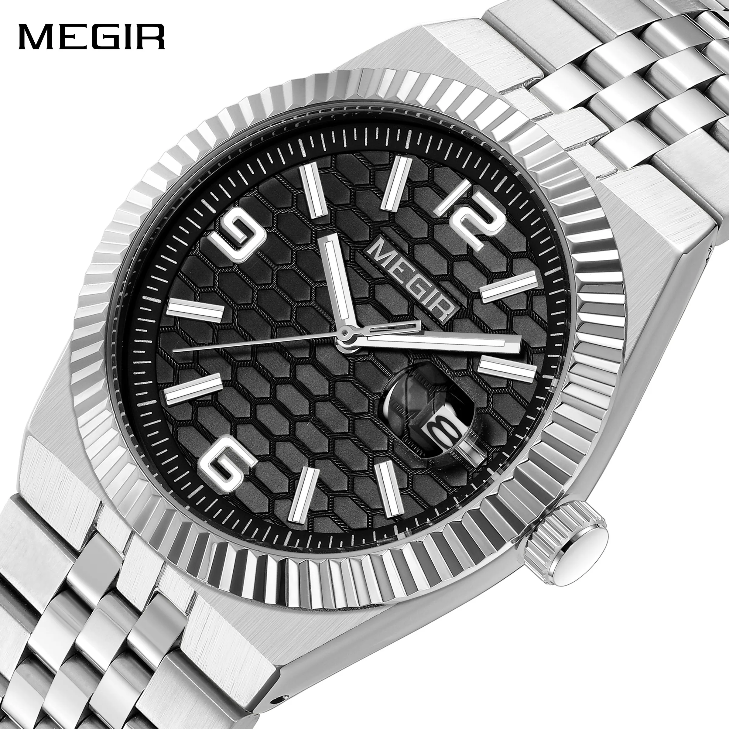 

MEGIR Large Dial Business Leisure Watch Stainless Steel Waterproof Luminous Man Wristwatch Clock Auto Date Gift for Men 1101