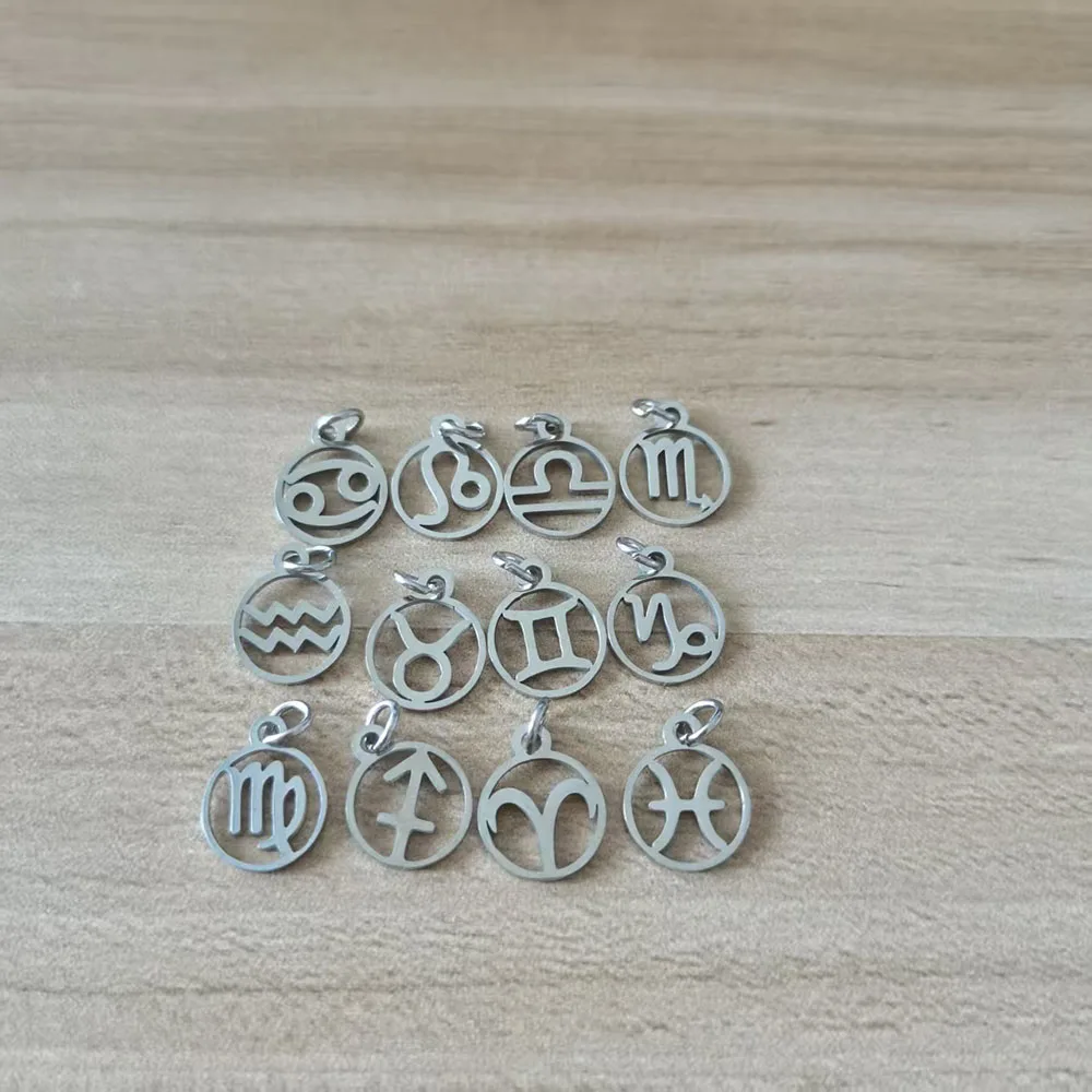 12pcs/lot Stainless Steel Zodiac Charm DIY Constellation Pendants with Jump Ring for Making Jewelry Accessories Wholesale
