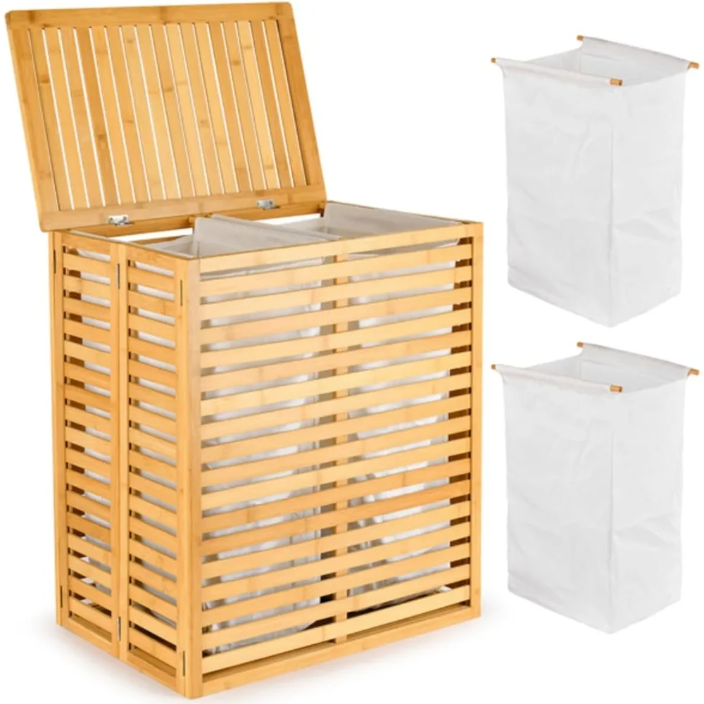 

Bamboo Laundry Hamper with Lid – Foldable Clothes Basket with 2-Section Removable Liner Bag, Space-Saving Laundry Sorter for Bat
