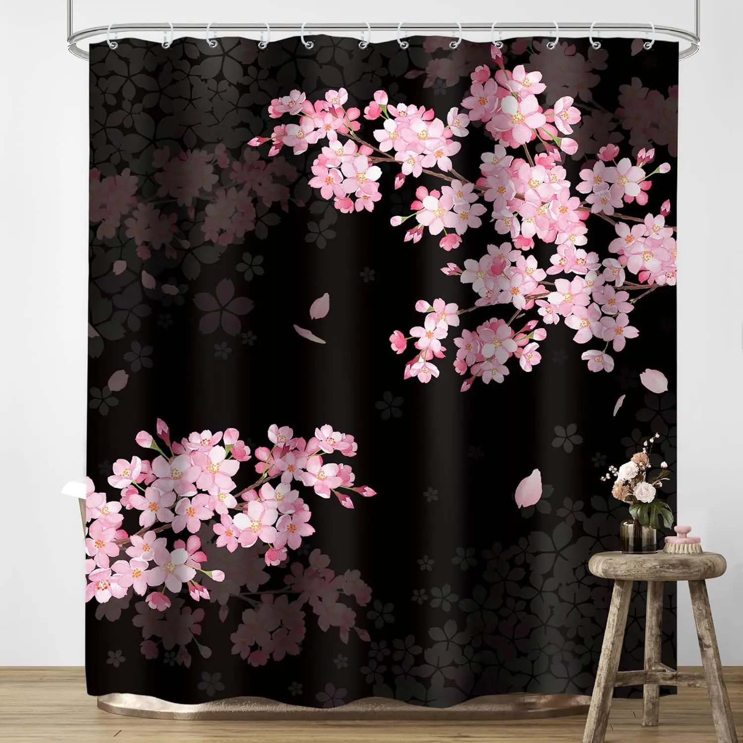 Black Cherry Blossom Shower Curtain Sakura Pink Floral Blooming Flower Spring Japanese Asian Aesthetic Fabric Waterproof
