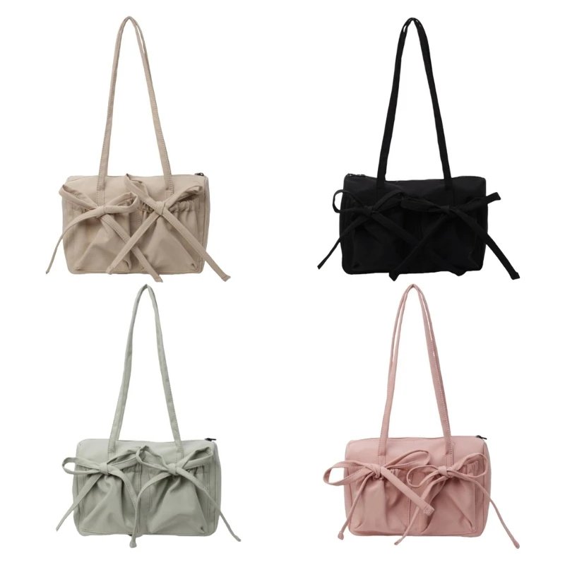 

E74B Solid Color Armpit Bag for Women Girls Sweet Bows Shoulder Bag Handbag PU Leather Underarm Bag Fashion Shopping Bag