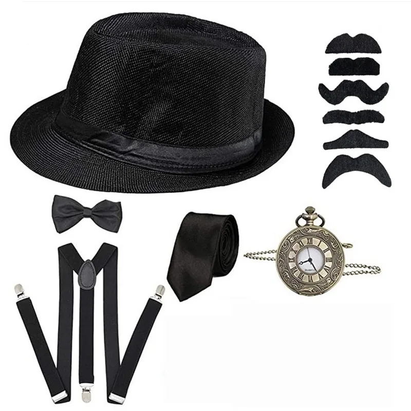 8 pz set 1920s uomini accessori Set Steampunk gilet Gangster gilet orologio da tasca Gatsby Cosplay barba disfraces camicia cappello 6XL