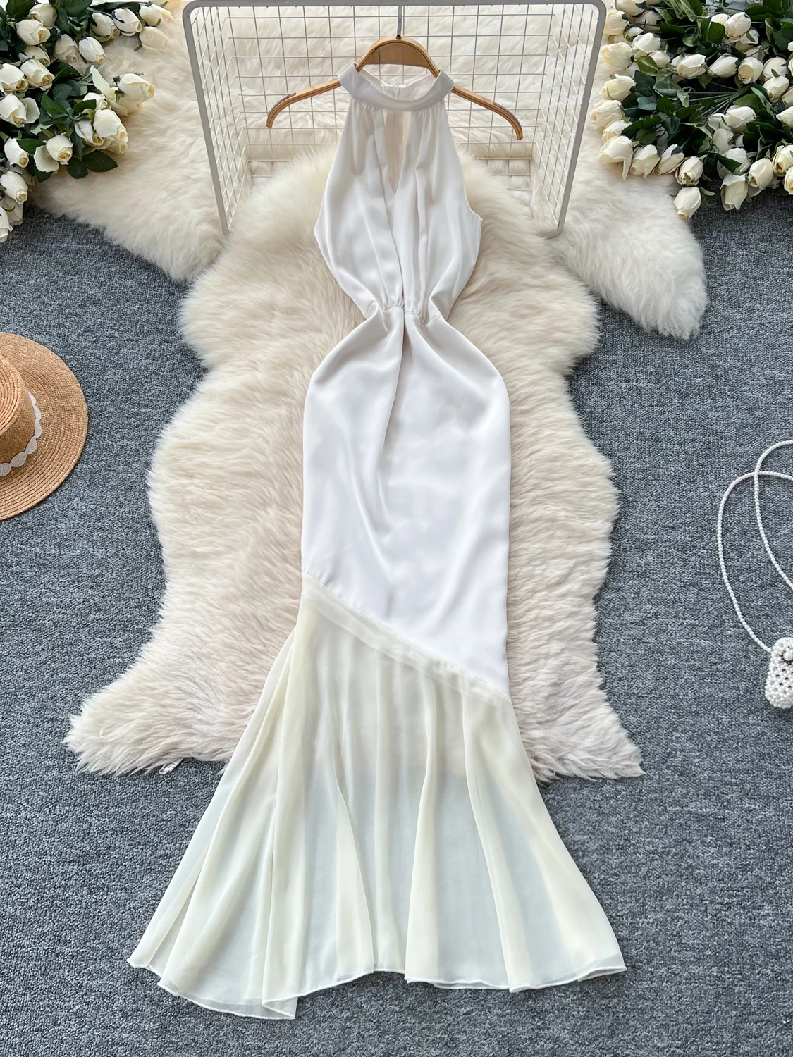 فستان صيفي أنيق بدون أكمام بياقة معلقة للنساء، تنورة طويلة بخصر مرتفع من الساتان بتصميم ذيل السمكة، فستان ميدي على الطراز الك... #2