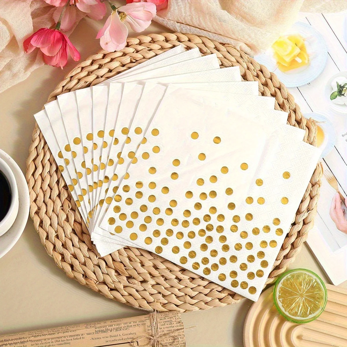 20/40/80 Packungen Weiße und Schwarze Papier-Cocktailservietten mit Goldfolie-Polka-Dots, Partyzubehör für Tischdekoration – Detail 11