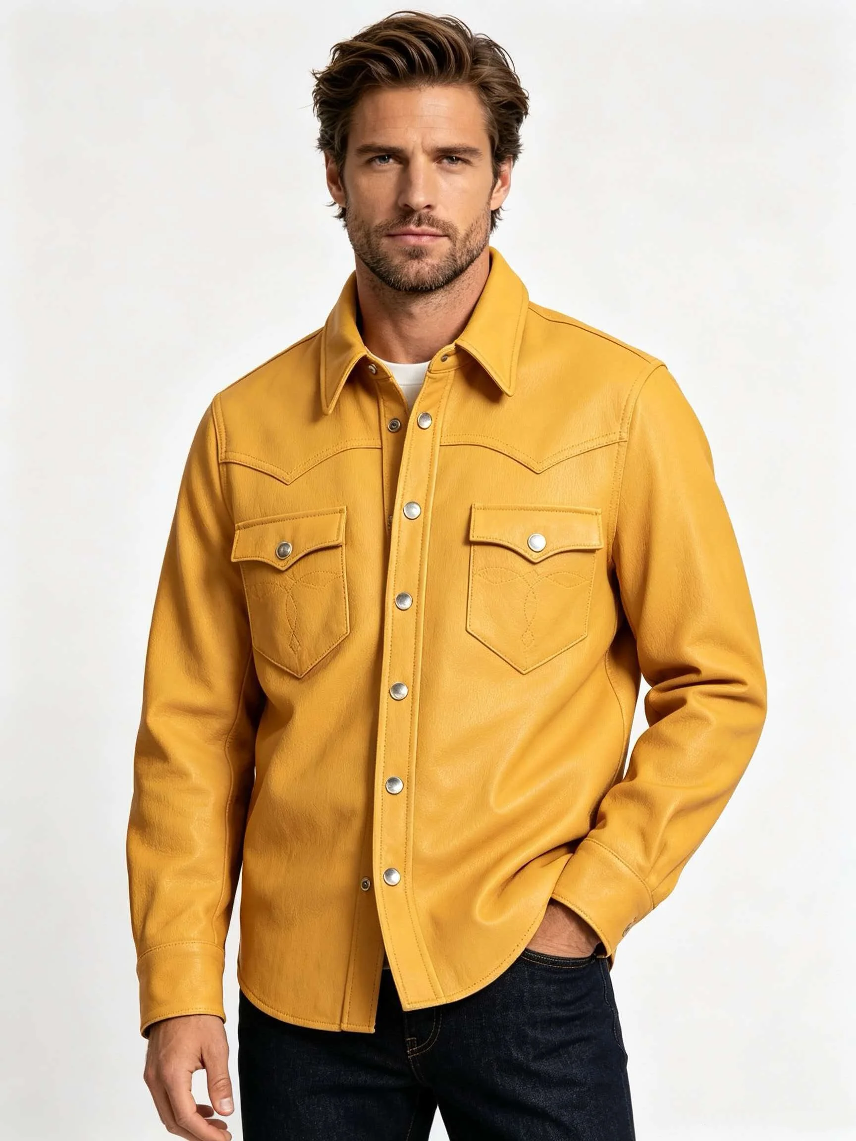 Yellow Men's Soft Goatskin Leather Overshirt Spread Collar 2 Sawtooth Snap Pockets Western Yokes Slim Fit Casual Shirt Jacket