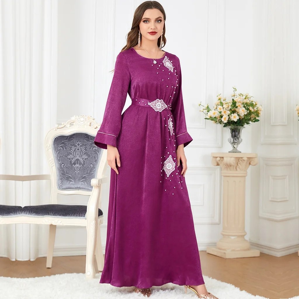 

Middle East Arab Elegant Purple Abaya New Women's Fashion Long Sleeve Kaftan Beaded Party Long Dress