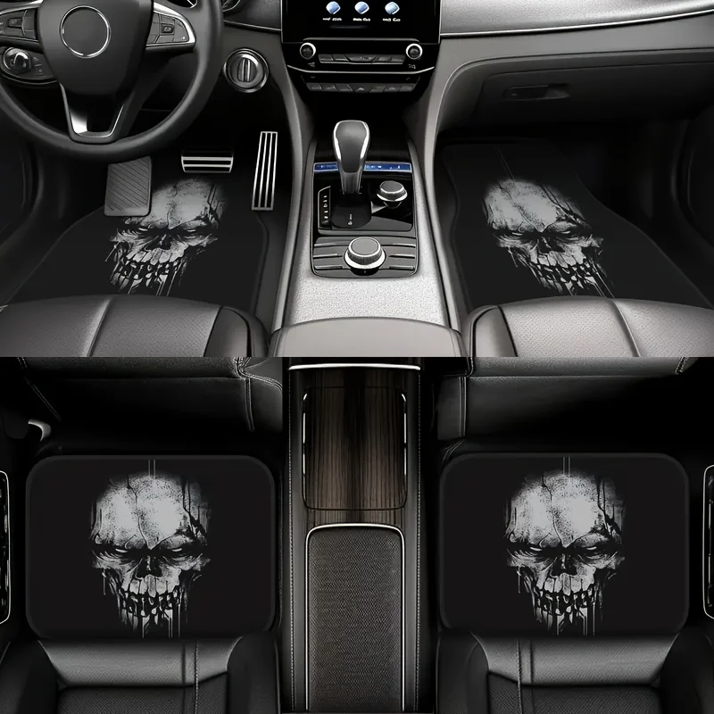 

A Set Of Four Car Floor Mats Featuring Skull Patterns, Universal Fit, Comfortable And Non-Slip, Easy To Clean, Suitable For All