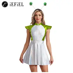 Women Outerspace Astronaut Alien Robot Cosplay Costume Shiny Flutter Sleeve A Line Tutu Dress with Headband for Carnival Party
