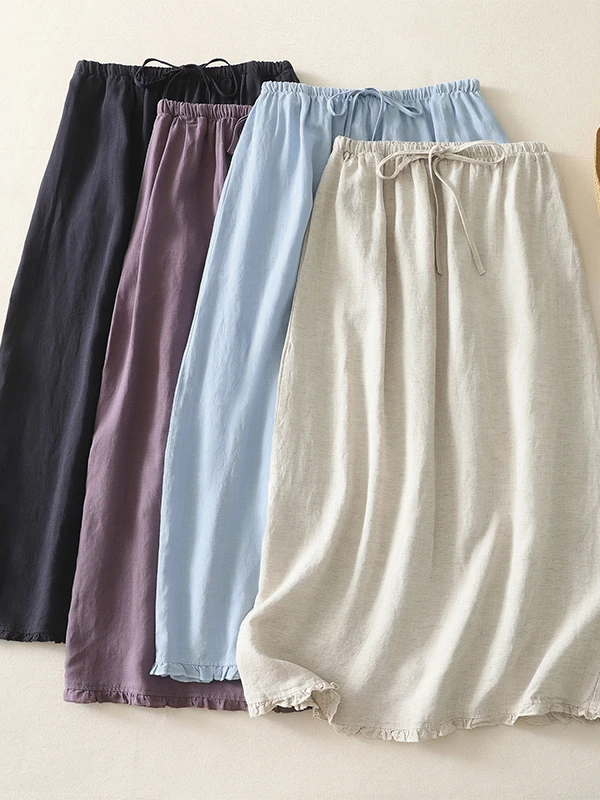 High Waist A-Line Skirt Cotton Lin Loose Fit Casual Style Pure Color Simple Design Long Length Women's plus Size Drawstring S...