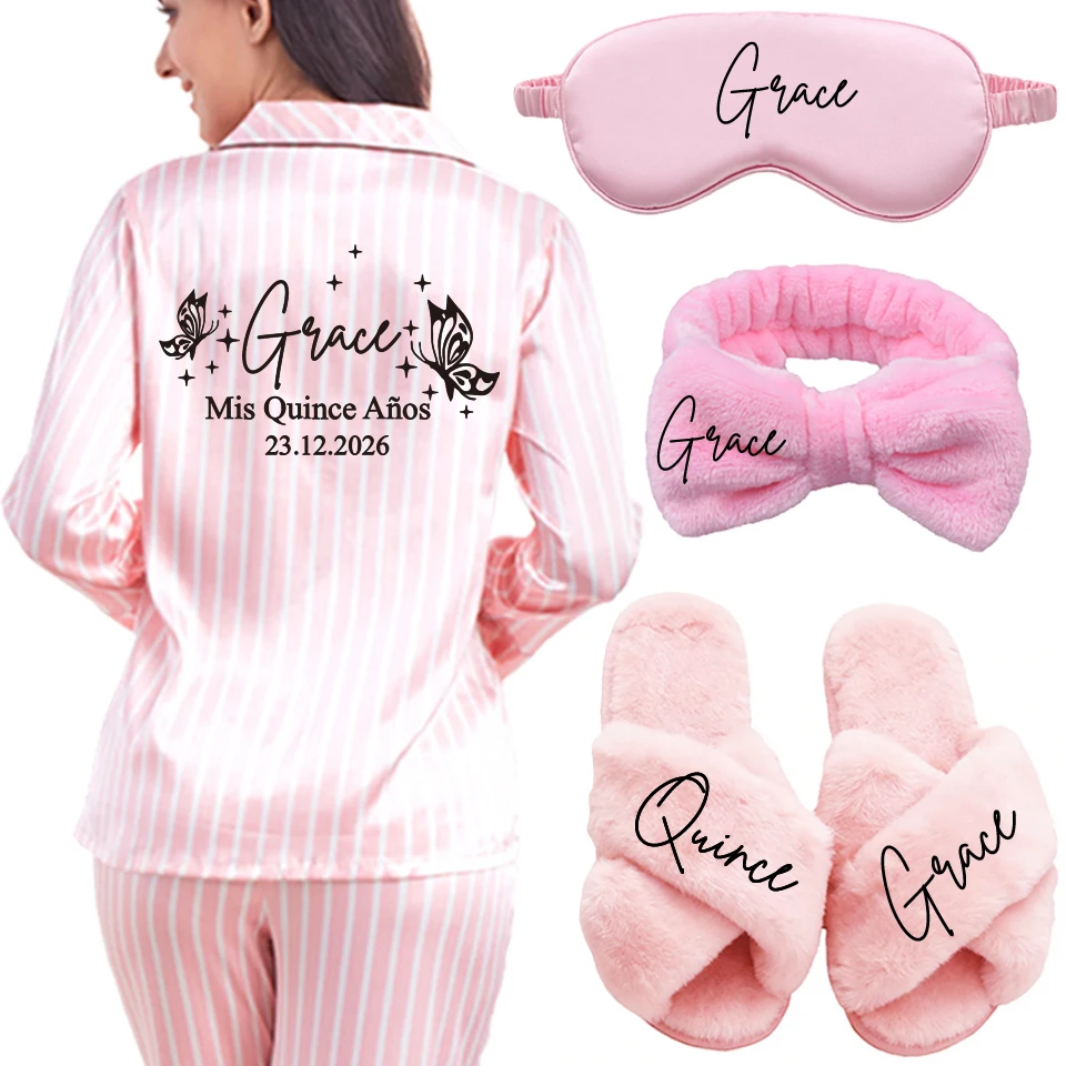 Pyjama personnalisé Mis Quince Años pour femmes, ensemble de pyjama en satin avec nom personnalisé, manches longues, vêtements de nuit confortables, vêtements de maison pour femmes