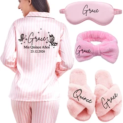Custom Mis Quince Años Pajamas Women's Personalized Name Satin Pajamas Set Long Sleeve Comfortable Sleepwear Female Homewear